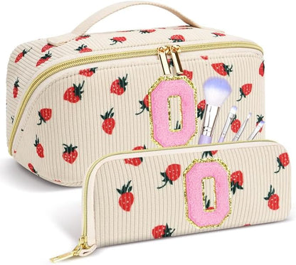 Personalized Travel Makeup Bag Set,Initial Travel Strawberry Makeup Organizer Bag,Toiletry Skincare Cosmetic Bag,Christmas Gifts for Women/Girls,Open Flat Toiletry Pouch with Brush Pocket-O