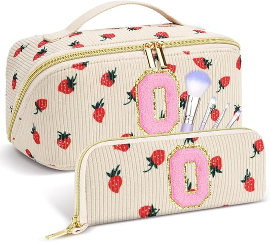 Personalized Travel Makeup Bag Set,Initial Travel Strawberry Makeup Organizer Bag,Toiletry Skincare Cosmetic Bag,Christmas Gifts for Women/Girls,Open Flat Toiletry Pouch with Brush Pocket-O