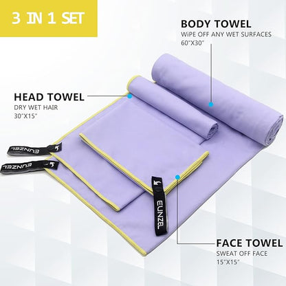 Eunzel 2 Pack Quick Dry Camping Towel, Microfiber Travel Towel 3 Size at 1 Pack,Fast Drying Towel Set for Camping, Beach, Gym, Sports, Yoga & Swimming Pool, Pink/Taro Purple