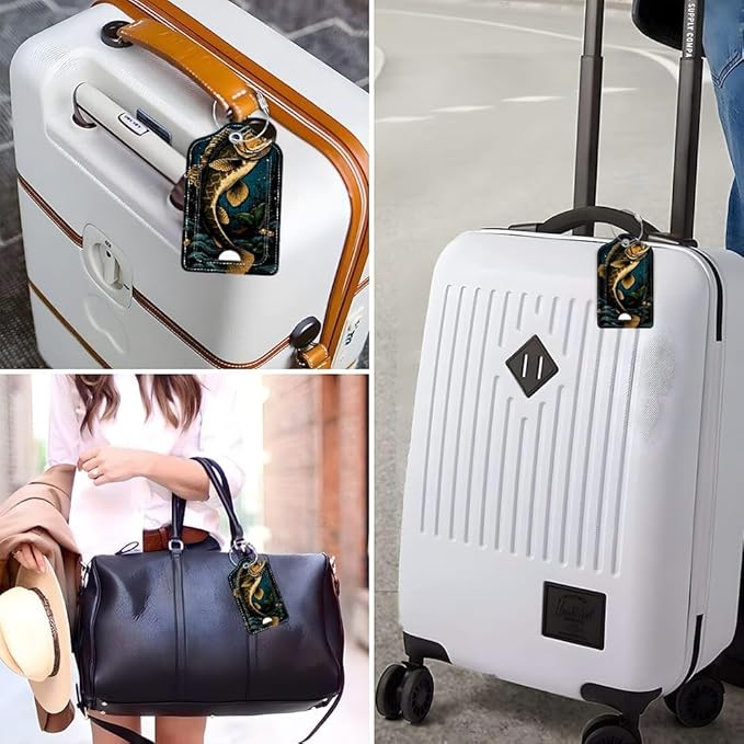 Funny PU Leather Luggage Tags 2-Pack Dark Largemouth Fish Cute Pattern Suitable for Suitcase Stainless Steel Loop and Address Card Essential for Cruise and Airport Travel for Men and Women