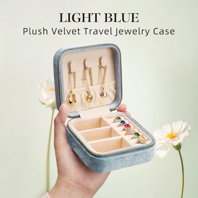 TAIMY Plush Velvet Travel Jewelry Box, Small Travel Jewelry Case, Portable Mini Jewelry Travel Organizer Boxes for Rings Earrings Necklaces Bracelets(Light Blue,No Mirror)