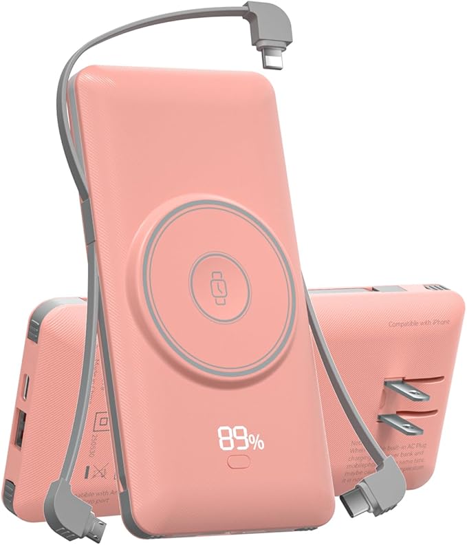 Magnetic 10000mAh Portable Charger for iWatch & iPhone, 22.5W USB C Fast Charging Wireless Power Bank Built-in Cables and Wall Plug, External Travel Battery Pack Compatible with iOS Android Devices