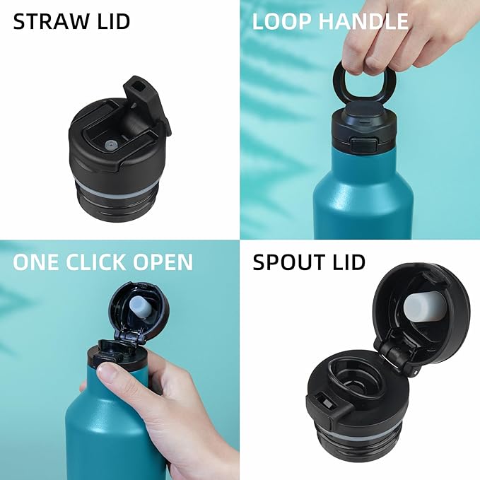 BJPKPK Insulated Water Bottle With Straw 25oz Stainless Steel Water Bottles With 2 Lids And Carry Handle Reusable Travel Metal Thermal Flask,Lake Blue