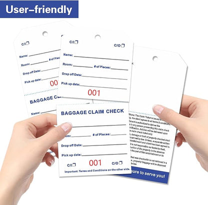 1000 Baggage Claim Check Tags with Transfer Tape on Back, 4 3/4 x 2 3/8 Hotel Luggage ID Tags Numbering from 001 to 1000, Baggage Identification for Hotel Suitcase Motel Bag