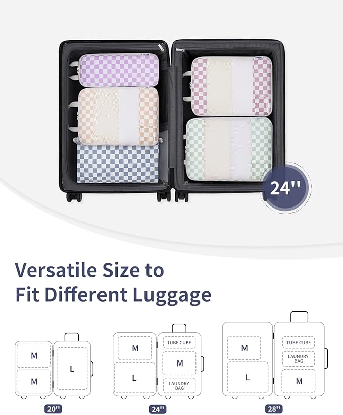 Narwey 5 Set Compression Packing Cubes for Travel, Luggage Packing Organizer Bags for Carry on Suitcase, Expandable Checkered Storage Bags with Laundry & Handle (Combined Checkered)