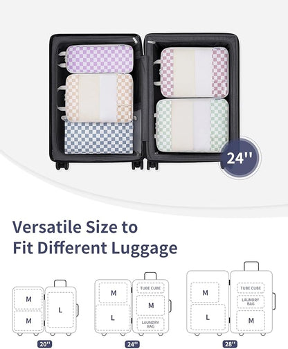 Narwey 5 Set Compression Packing Cubes for Travel, Luggage Packing Organizer Bags for Carry on Suitcase, Expandable Checkered Storage Bags with Laundry & Handle (Combined Checkered)