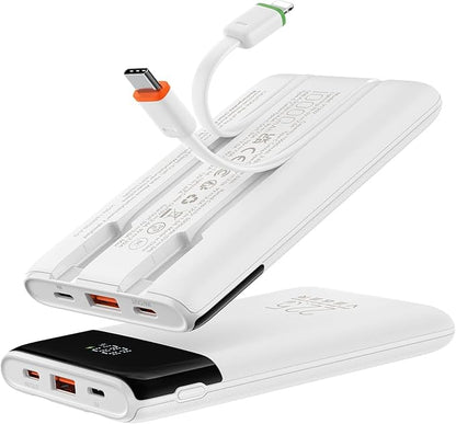 VEGER Portable Charger with Built in Cables, Slim 10000mAh PD 22.5W Fast Charging USB C Power Bank, 4 Outputs 3 Inputs Battery Pack Compatible with iPhone 16 15 14 13 Samsung iPad - Travel Essential