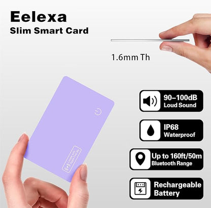 Eelexa Wallet Tracker Card, Rechargeable Thin Finder, Works with Apple Find My (iOS Only), Item Locator for Luggage Tags, Passports, Phone, IP68 Waterproof, Purple 2 Pack