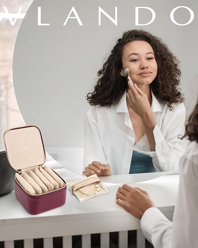 Vlando Small Jewelry Box Organizer,Travel Jewelry Storage with 6 Velvet Jewelry Zipper Pockets,Travel Jewelry Case Birthday Gifts for Women Girls(Red)