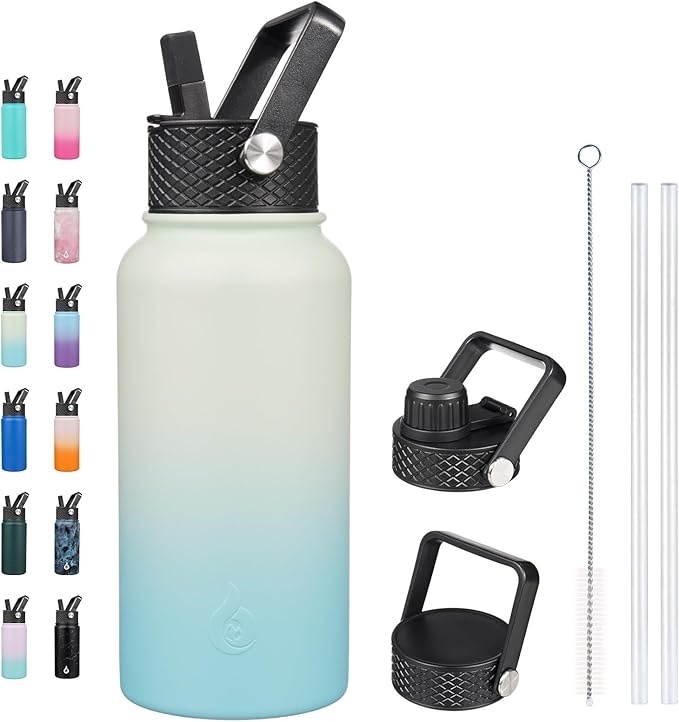 BJPKPK Insulated Water Bottles with Straw Lid, 27oz Stainless Steel Water Bottle with 3 Lids, Leak Proof BPA Free Metal Thermo, Mugs, Tumblers, Keep Cold Hot -Mint