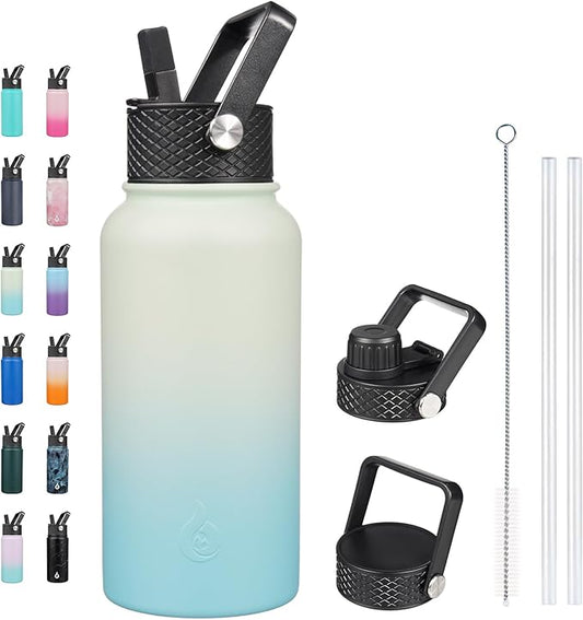 BJPKPK Insulated Water Bottles with Straw Lid, 27oz Stainless Steel Water Bottle with 3 Lids, Leak Proof BPA Free Metal Thermo, Mugs, Tumblers, Keep Cold Hot -Mint