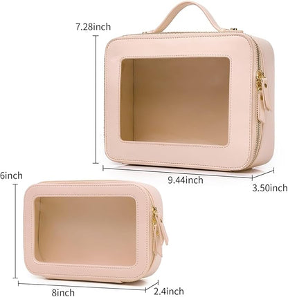 Pinkmik Clear Makeup Bag for Women Waterproof Travel Cosmetics and Toiletries Case Portable Makeup Oaganizer Bag Clear Car Bag with Zipper (Pink, M+L-1)
