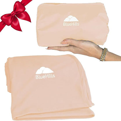 BlueHills Ultra Compact Travel Blanket Pillow for Airplane Traveling Essential Long Flight Trip Throw in Bag Portable Case Large Plane Accessories Beige - C007