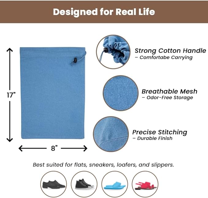 LFH Cotton Rich Shoe Storage Bags with Drawstring, Dustproof Breathable Reusable Organizer, Perfect For Travel, Dorm, Hotel, College, Gym, Easy to Carry, Machine Washable 8"x17" (Pack of 2) - Sky Blue