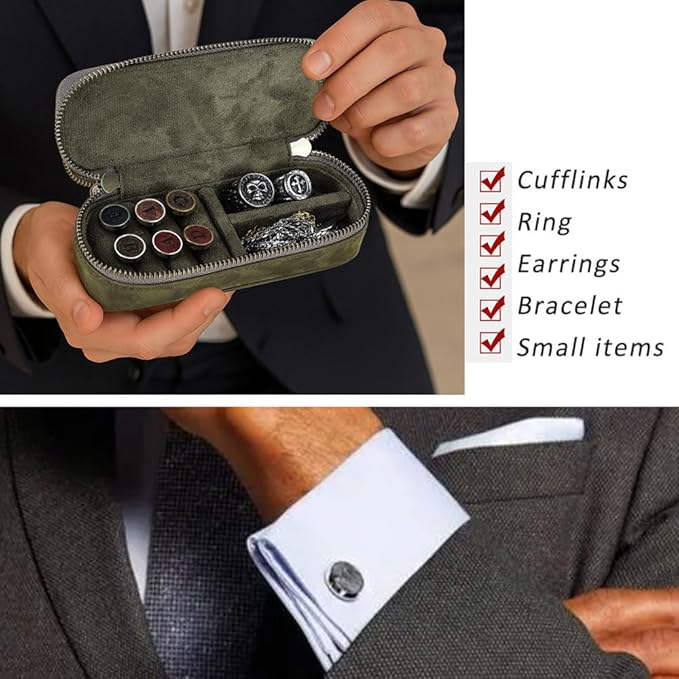 CONTACTS Crazy Horse Leather Cufflink Box for Men Travel Jewelry Storage Case Small Jewelry Organizer Padded Tray for Cufflinks Rings Earrings Studs (Green)