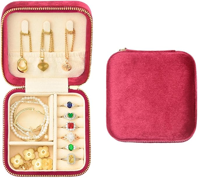 TAIMY Travel Jewelry Case, Small Plush Velvet Jewelry Box for Women and Girls, Portable Jewelry holder organizer for Rings Earrings Necklaces Bracelets(Magenta)