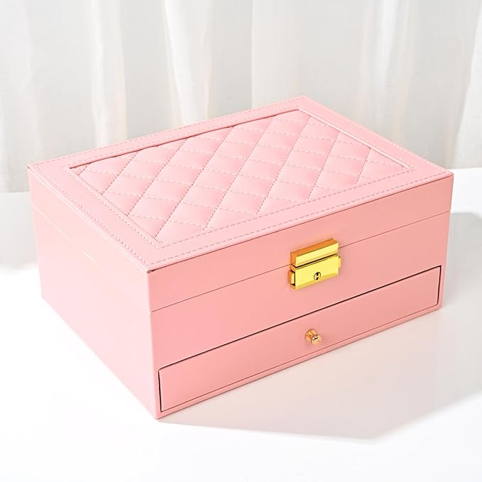 GUOER Jewelry Organizer Box for Women - Large PU Leather Jewelry Organizer Storage Case with Two Layers Display for Earrings Bracelets Rings Watches (Pink)