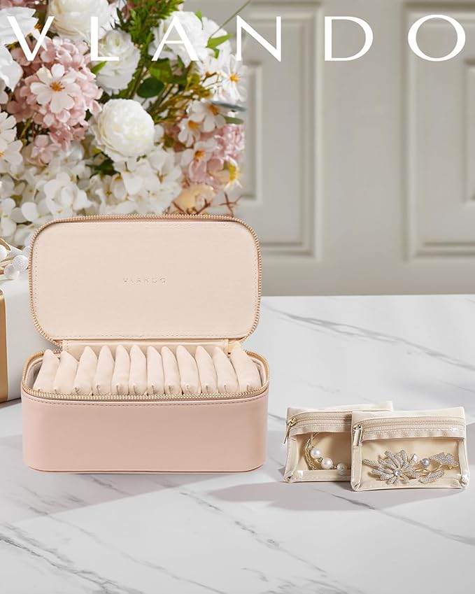 Vlando Jewelry Box with 12 Velvet Jewelry Bags Travel Jewelry Case for Girls Jewelry Organizers Necklace Rings Earrings Storage Bags Christmas Gifts Bridal Shower Gifts- Khaki