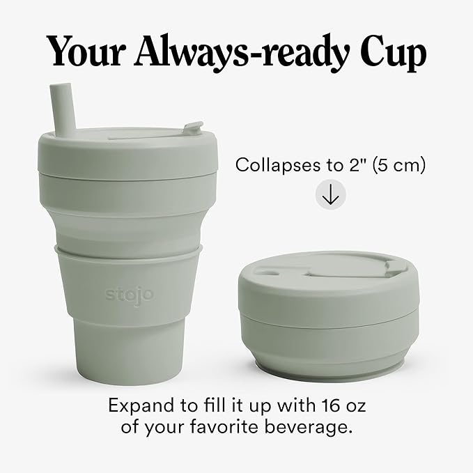 STOJO Collapsible Travel Cup With Straw - Sage Green, 16oz / 470ml - Reusable To-Go Pocket Size Silicone Bottle for Hot and Cold Drinks - Perfect for Camping and Hiking - Microwave & Dishwasher Safe
