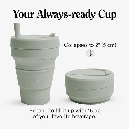STOJO Collapsible Travel Cup With Straw - Sage Green, 16oz / 470ml - Reusable To-Go Pocket Size Silicone Bottle for Hot and Cold Drinks - Perfect for Camping and Hiking - Microwave & Dishwasher Safe