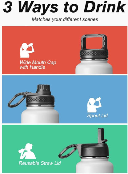 Coolflask Water Bottle 40 oz Insulated with Straw, Stainless Steel Metal 3 Lids Water Flask for Sports or Office, Keep Cold 48H Hot 24H, White