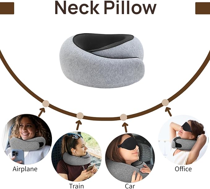 Travel Neck Pillow for Airplanes,Memory Foam Ergonomic Pillow Vacation Essentials with Eye Mask & Ear Plugs,Stowable Pillows for Sleeping, Car, Home,Office