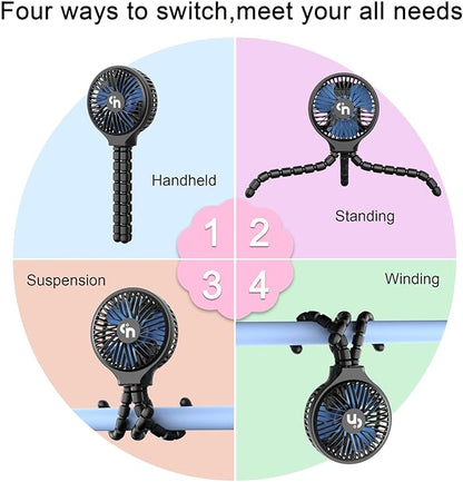 WiHoo Portable Stroller Fan, 11H Ultra-long Battery Life 3 Speed 360°Rotate, USB Rechargeable or Battery Operated Cooling Clip On Personal Fan for Baby Crib Travel Car Seat Black