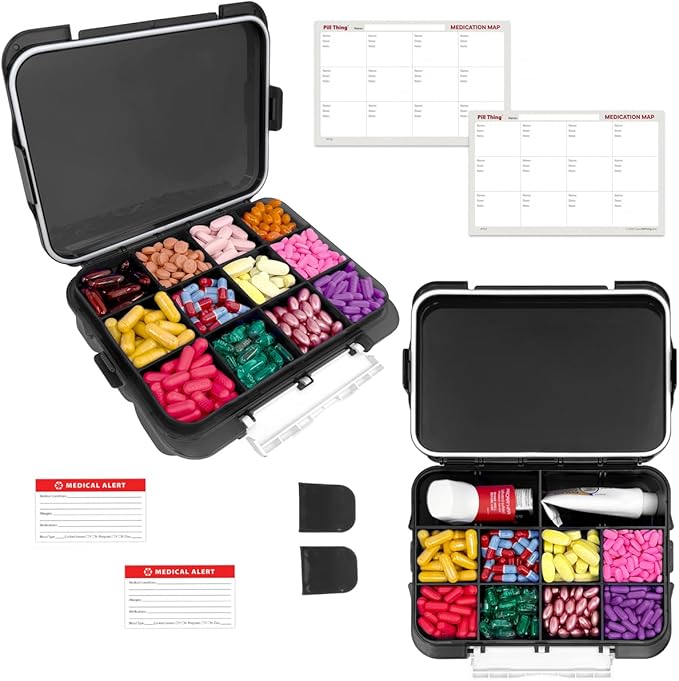 12-Compartment Weekly Pill Box Case with Removable Dividers, Waterproof, Travel-Friendly, with Medication Map and Medical Alert Cards (Black, 2 Pack)
