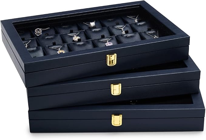Oirlv Premium Blue Leather Rings Earrings Organizer Tray with Clear Lid Jewelry Display Box with Acrylic Lid Stackable Jewelry Box Drawer Inserts