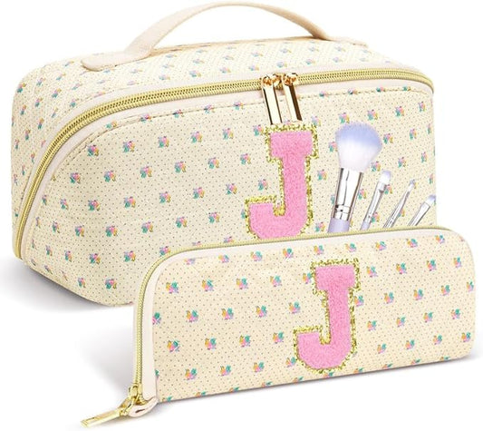 Personalized Travel Makeup Bag Set,Initial Travel Cute Floral Makeup Organizer Bag,Toiletry Skincare Cosmetic Bag,Christmas Gifts for Women/Girls,Open Flat Toiletry Pouch with Brush Pocket-J