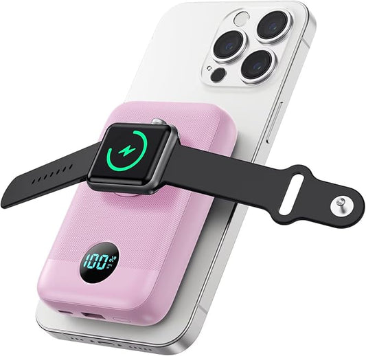Magnetic Portable Charger for iPhone,10800mAh 4-in-1 Power Bank with iWatch Charger,25W PD Fast Charging Battery Pack for Magsafe,iPhone 17/16/15/14/13/12 Series,Apple Watch,Travel Essential,Pink
