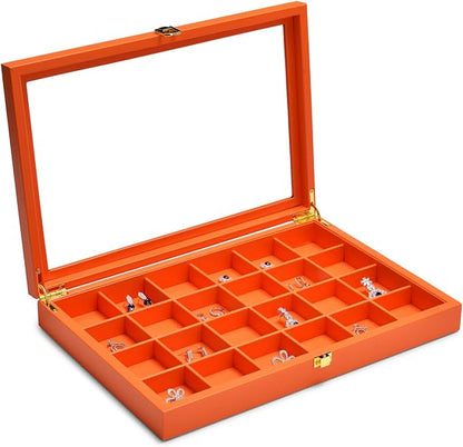 Oirlv 24 Grid Premium Leather Jewelry Organizer Tray with Transparent Lid Jewelry Display Case Drawer Insert Rings Earrings Holder