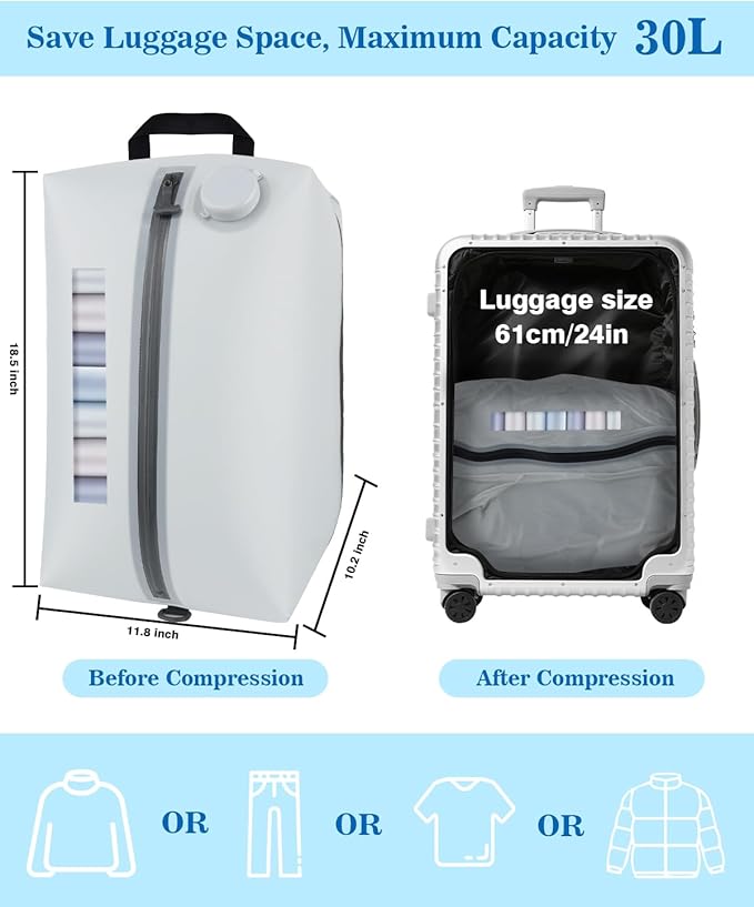 2025 Professional Vacuum Bags with Built-in Pump, 30L Vacuum Seal Bags with See-through Window, Space Saver Bags for Clothing Travel IP67, Reusable Compression Bag (Silver White 1PC)