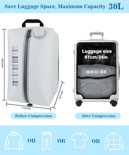 2025 Professional Vacuum Bags with Built-in Pump, 30L Vacuum Seal Bags with See-through Window, Space Saver Bags for Clothing Travel IP67, Reusable Compression Bag (Silver White 1PC)