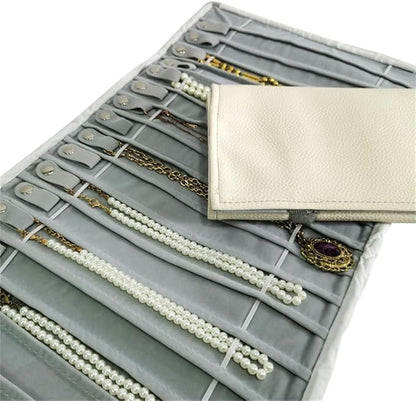 Portable Jewelry Roll Untangled Secure Necklace Travel Storage Bag Displays Holder 16 Chain (Gray PU and Gray Velvet)