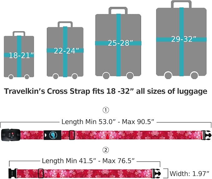 Travelkin Luggage Straps TSA Approved - Adjustable Cross Suitcase Straps with TSA Lock, Reinforced Buckle, Unique Pattern - Secure Heavy Duty Luggage Straps for Travel (Sakura)