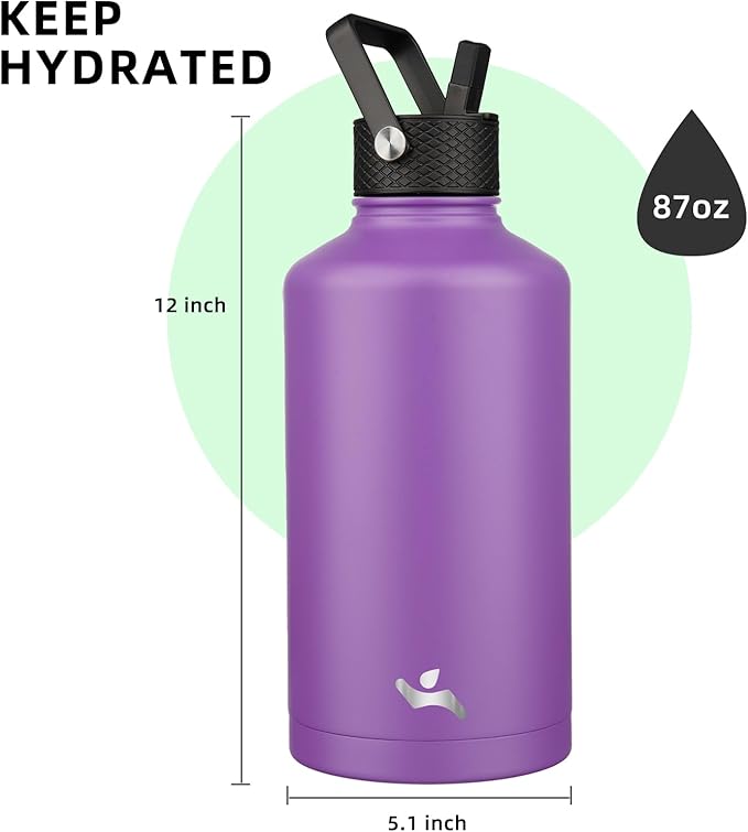 Insulated Water Bottle with Straw,87 oz 3 Lids Water Jug with Carrying Bag,Paracord Handle,Double Wall Vacuum Stainless Steel Metal Flask,Purple