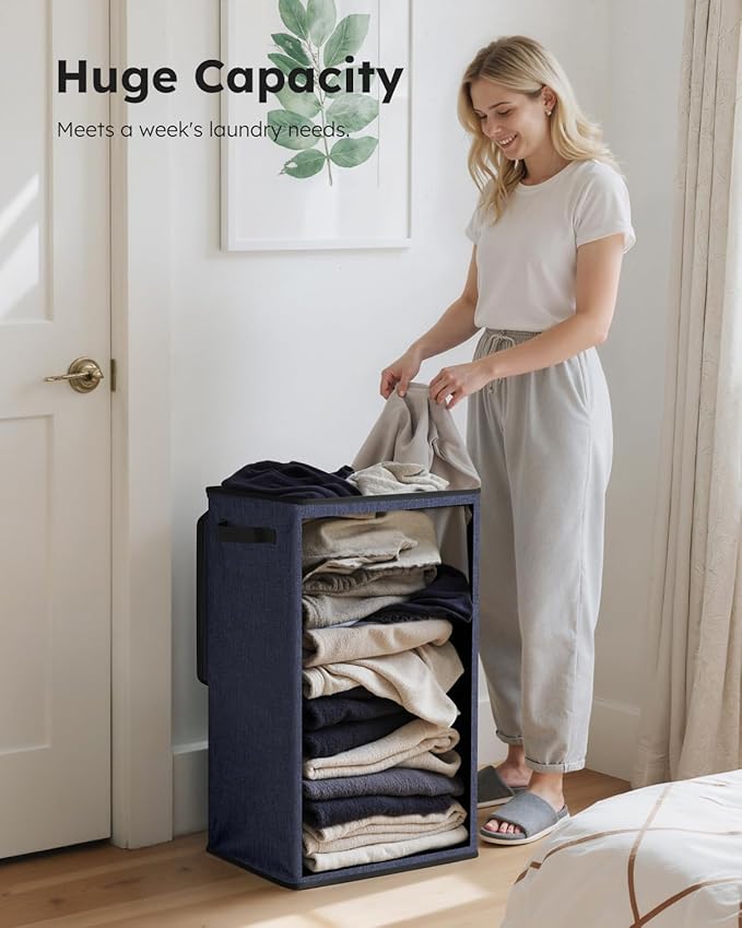 SOLEDI Laundry Hamper with Lid 90L Large & Tall Collapsible Laundry Basket, Clothes Hamper with Bag Removable Easy to Carry, Dirty Hampers for Bedroom, Bathroom, Dorm, College, Navy Blue
