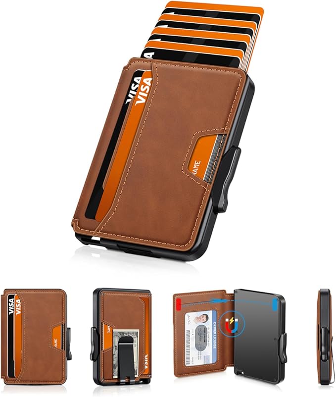 Wallet for Men, Mens Wallet Minimalist Slim Wallet, RFID Blocking Smart Pop Up Wallet with Money Clip & ID Window, Metal Compact Wallet, Aluminum Credit Card Holder Wallet