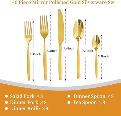 Gold 40-Piece Silverware Set,Stainless Steel Flatware Utensils Cutlery Set for 8,Including Steak Knife Fork and Spoon,Dishwasher Safe,Modern Tableware for Home & Dining