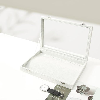 Coward 20 Hooks Necklace Organizer Jewelry Box, Grey Beige Velvet Necklace Display Tray Case with Transparent Glass Lid for Home Use or Store Selling Show