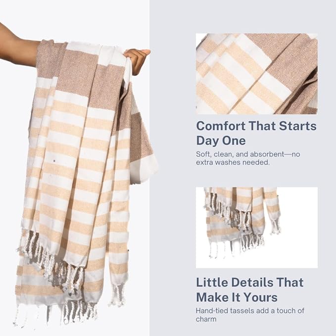 Cotton Turkish Beach Towel with Towels Oversized 36"x72" Pool Absorbent Extra Large Quick Dry Sand Travel Towel (Biscotti Luxe, 2 Pack)