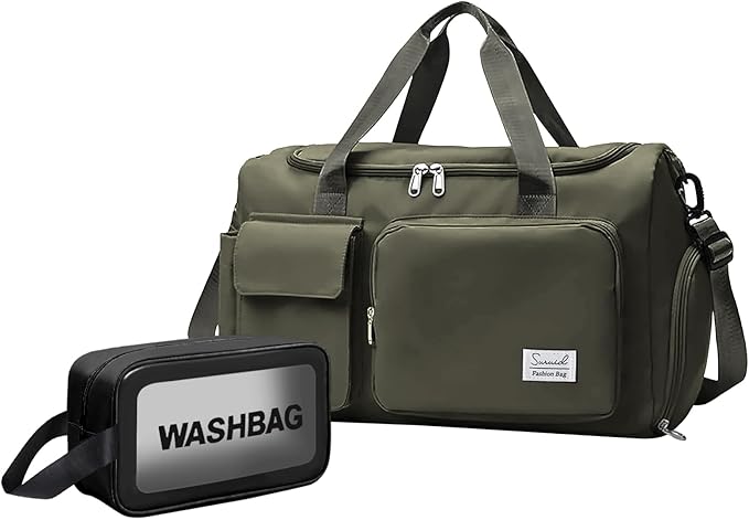 Gym Bag for Women Men, Travel Duffle Bag Large Capacity Carry On Weekender Bag With Shoe Compartment Gym Tote Dry Wet Separation Duffel Bag with Makeup Bag, Olive Green