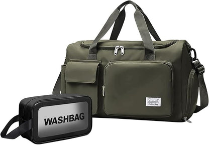 Gym Bag for Women Men, Travel Duffle Bag Large Capacity Carry On Weekender Bag With Shoe Compartment Gym Tote Dry Wet Separation Duffel Bag with Makeup Bag, Olive Green