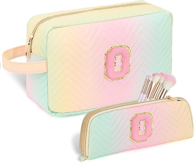 Personalized Initial Makeup Bag Trendy Stuff Leather Waterproof Cosmetic Bag Travel Toiletry Bag, Christmas/Thanksgiving/Halloween Gifts Makeup Organizer Case for Women Girls Mom Girlfriend Wife