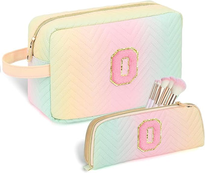 Personalized Initial Makeup Bag Trendy Stuff Leather Waterproof Cosmetic Bag Travel Toiletry Bag, Christmas/Thanksgiving/Halloween Gifts Makeup Organizer Case for Women Girls Mom Girlfriend Wife