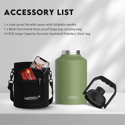 WATERSY Half Gallon Water Bottle Insulated(Cold for 48 Hrs),BPA Free&Leak Proof,64oz Stainless Steel Water Jug/Flask,Big thermo,Large Water Bottle with Handle for Gym,Hiking,Camping,Olive Green