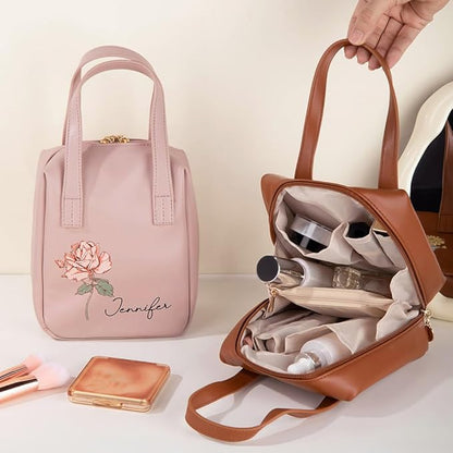 callie Personalized Makeup Bag - Custom Birth Flower & Name, Leather Cosmetics Organizer Travel Bag with Double Zippers & Handle, Birthday Mother's Day Gift for Women