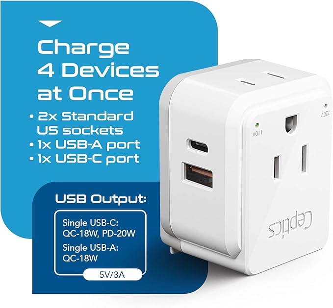 Ceptics World Power Plug Adapter Set, Dual USB & USB-C 3.1A, 20W with QC-PD, 2 USA Outlet Compact & Powerful, Use In Europe, Asia, Australia, Japan, Includes Type A, B, C, E/F, G, I SWadAPt Attachment
