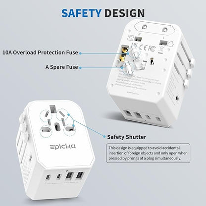 EPICKA Universal Travel Adapter, International Power Adapter with 2 USB-A & 3 USB-C Ports Wall Charger - Worldwide Travel Essentials, European Travel Plug Adapter for UK/US/AU (TA-105C, White)